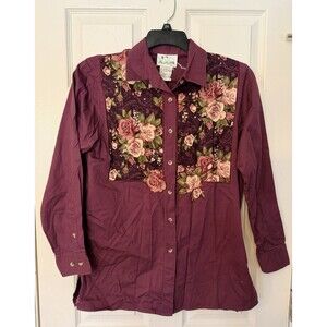 NEW Quacker Factory Women Burgundy Floral Embroidered Shirt SMALL - Has Hole